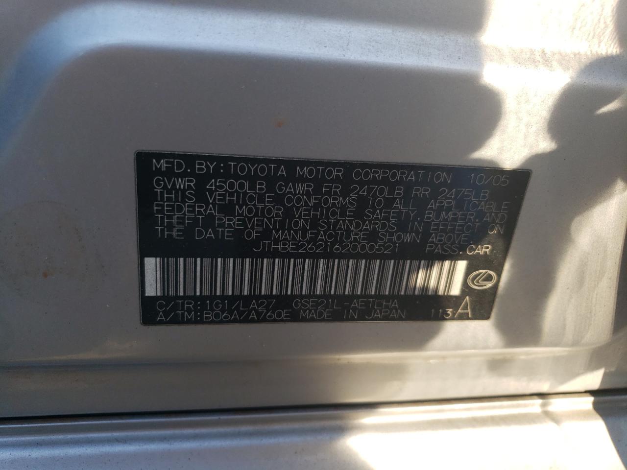 2006 Lexus Is 350 VIN: JTHBE262162000521 Lot: 62720584