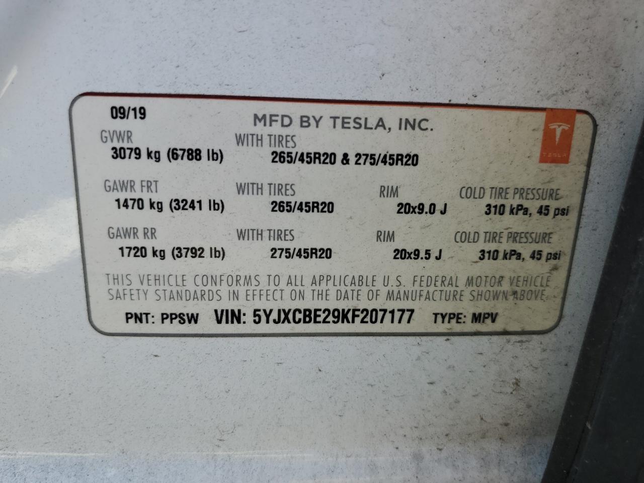 2019 Tesla Model X VIN: 5YJXCBE29KF207177 Lot: 62761484