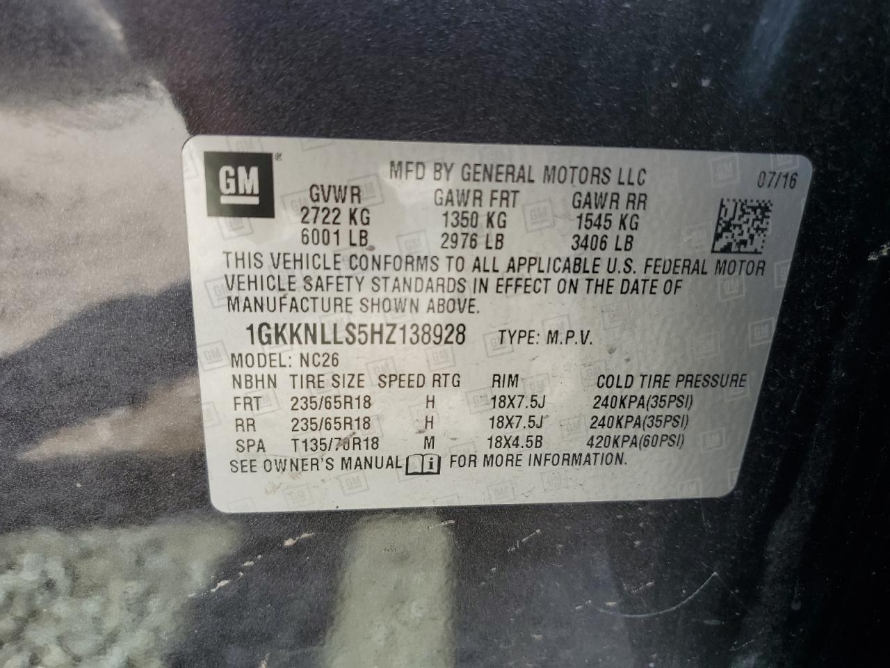 1GKKNLLS5HZ138928 2017 GMC Acadia Sle