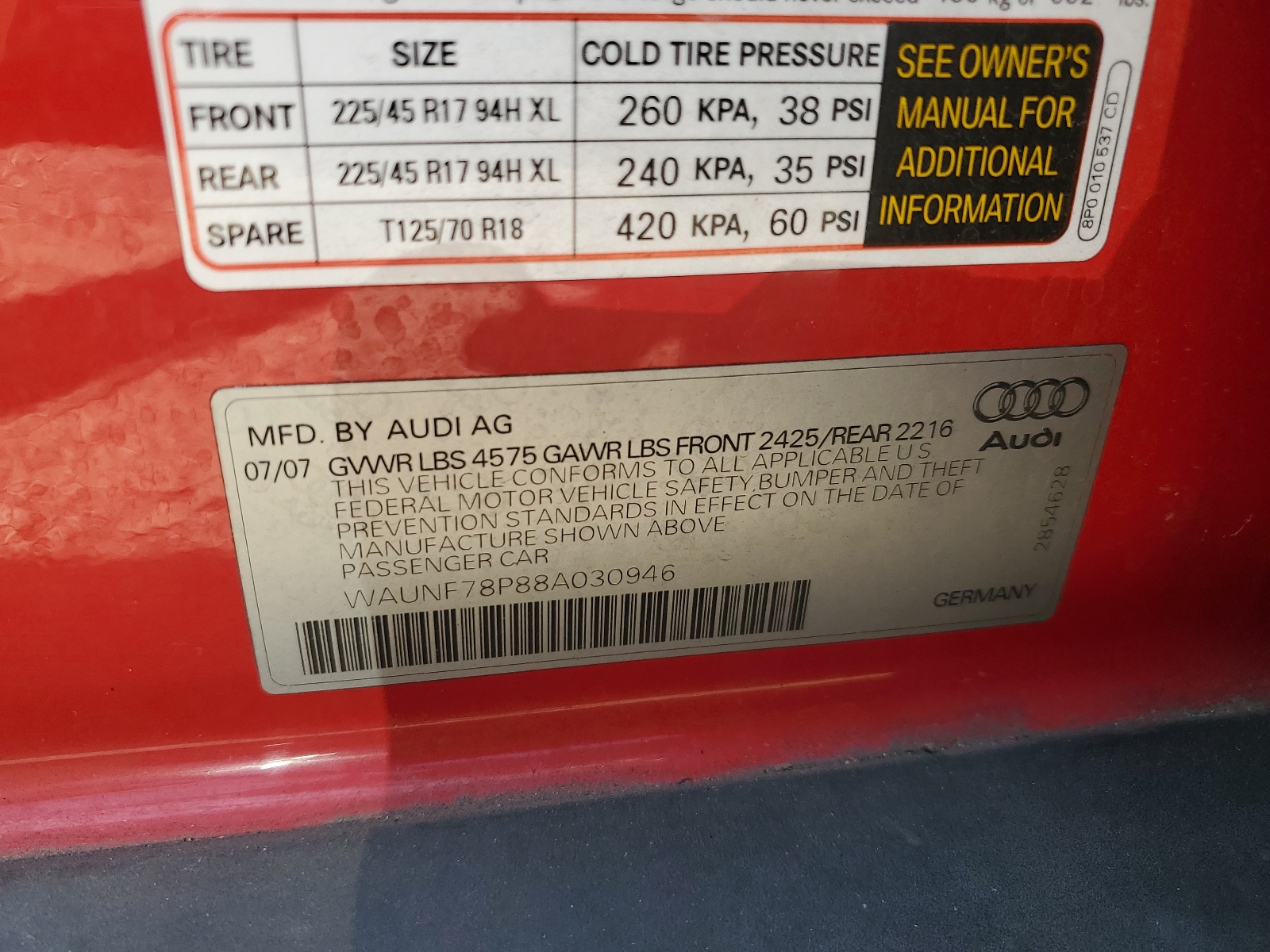 WAUNF78P88A030946 2008 Audi A3 2.0 Premium