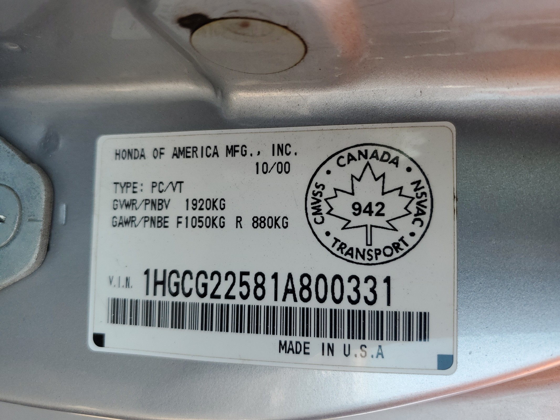 1HGCG22581A800331 2001 Honda Accord Ex