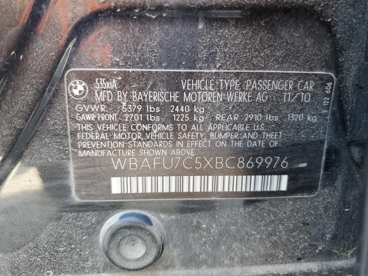 2011 BMW 535 Xi VIN: WBAFU7C5XBC869976 Lot: 61948484