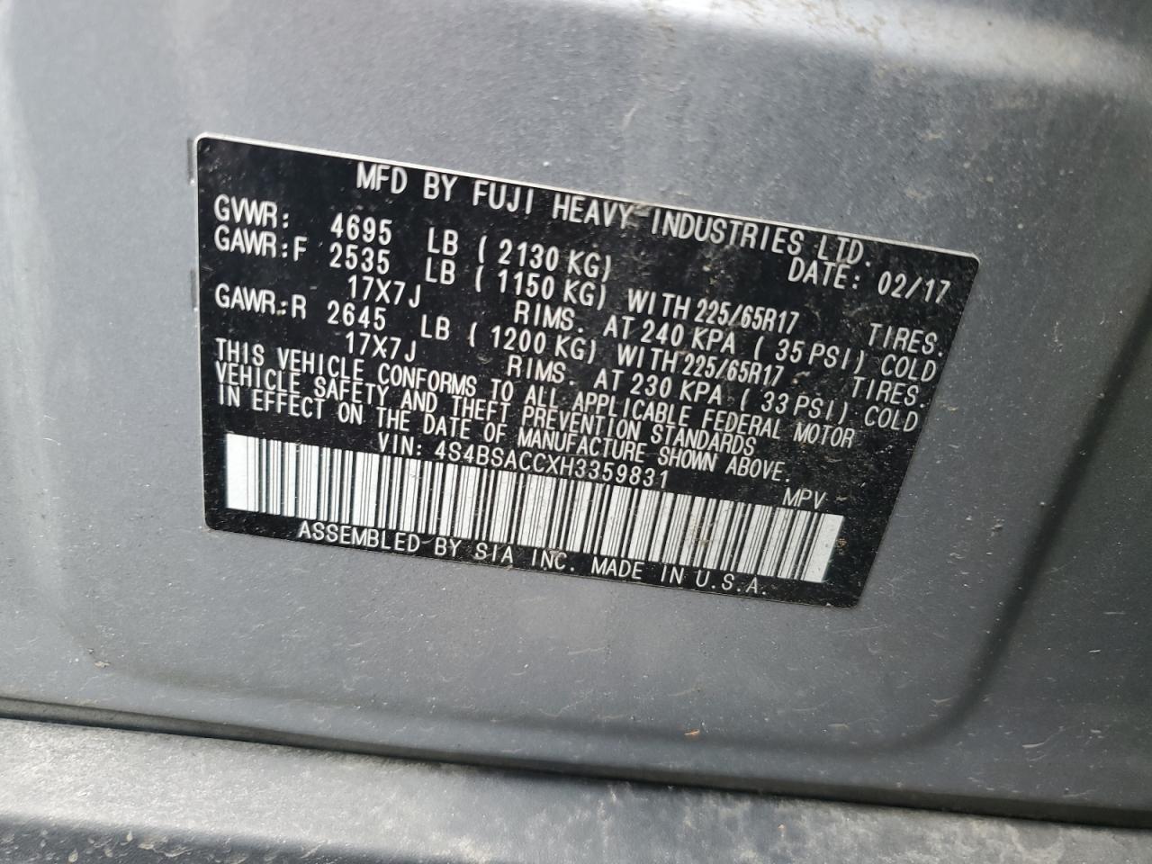 2017 Subaru Outback 2.5I Premium VIN: 4S4BSACCXH3359831 Lot: 63400144