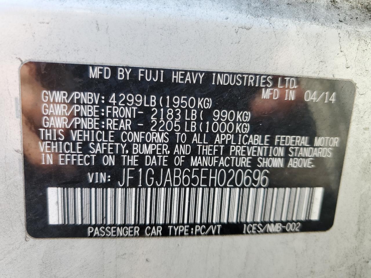 2014 Subaru Impreza Premium VIN: JF1GJAB65EH020696 Lot: 63637894