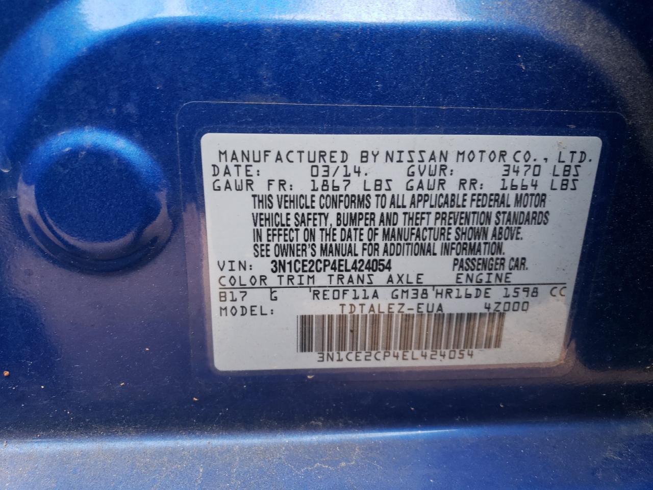 2014 Nissan Versa Note S VIN: 3N1CE2CP4EL424054 Lot: 62363084