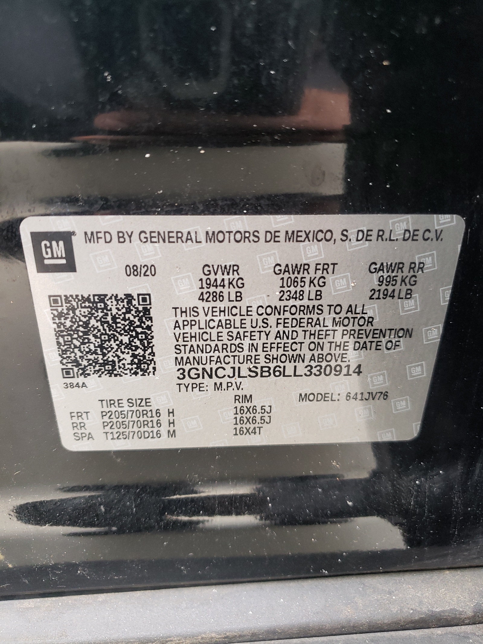 3GNCJLSB6LL330914 2020 Chevrolet Trax 1Lt