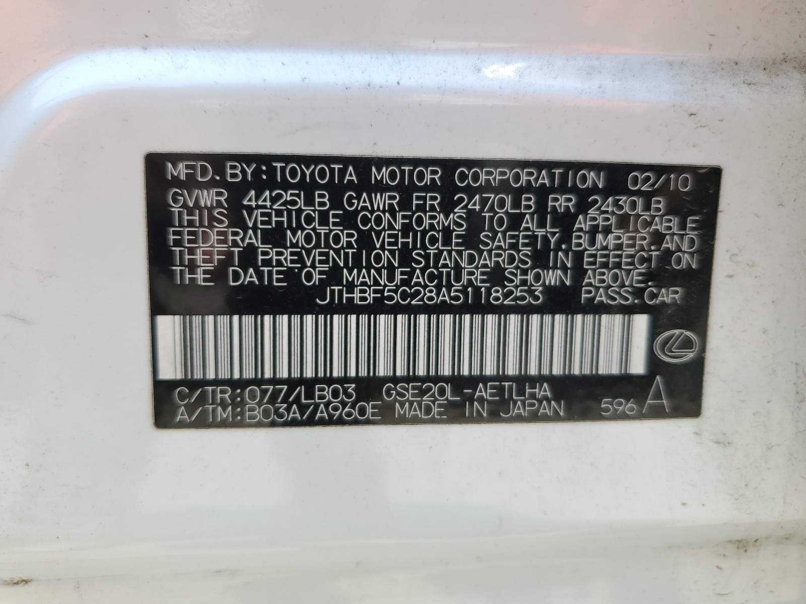 JTHBF5C28A5118253 2010 Lexus Is 250