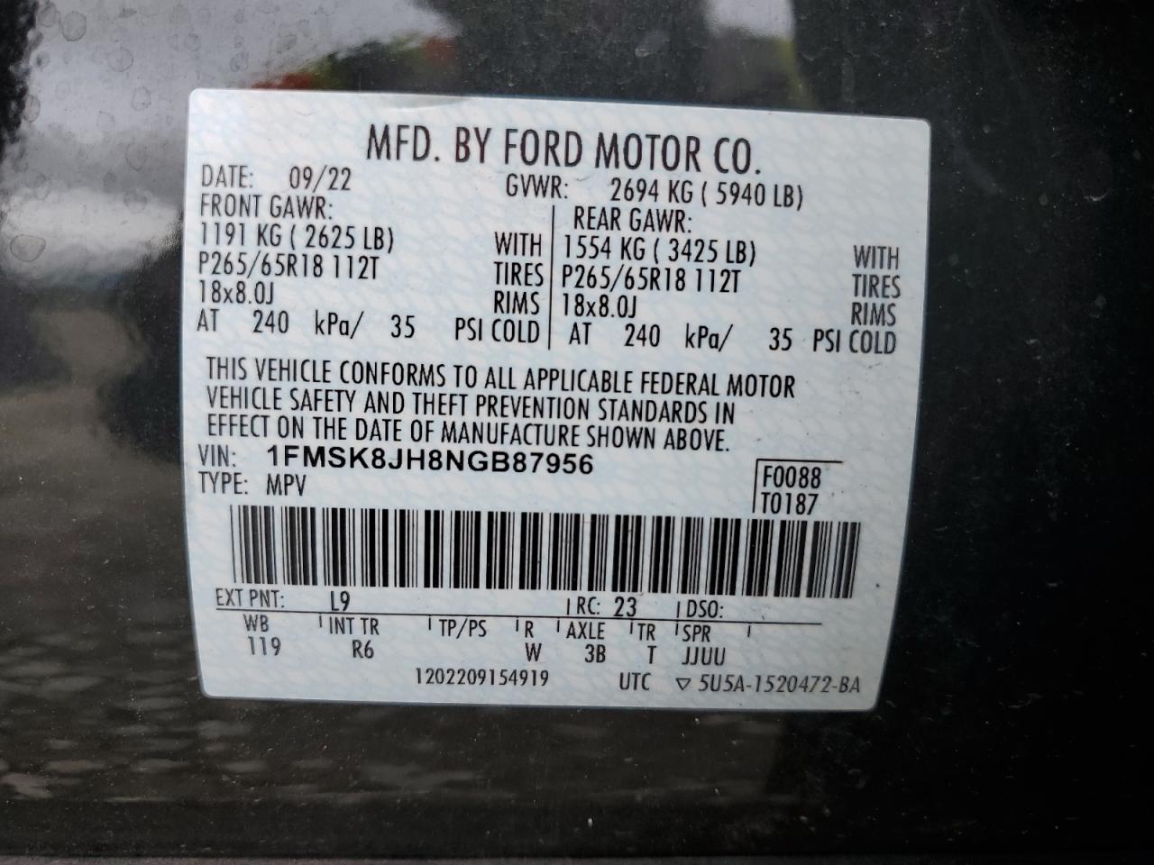 2022 Ford Explorer Timberline VIN: 1FMSK8JH8NGB87956 Lot: 64754774