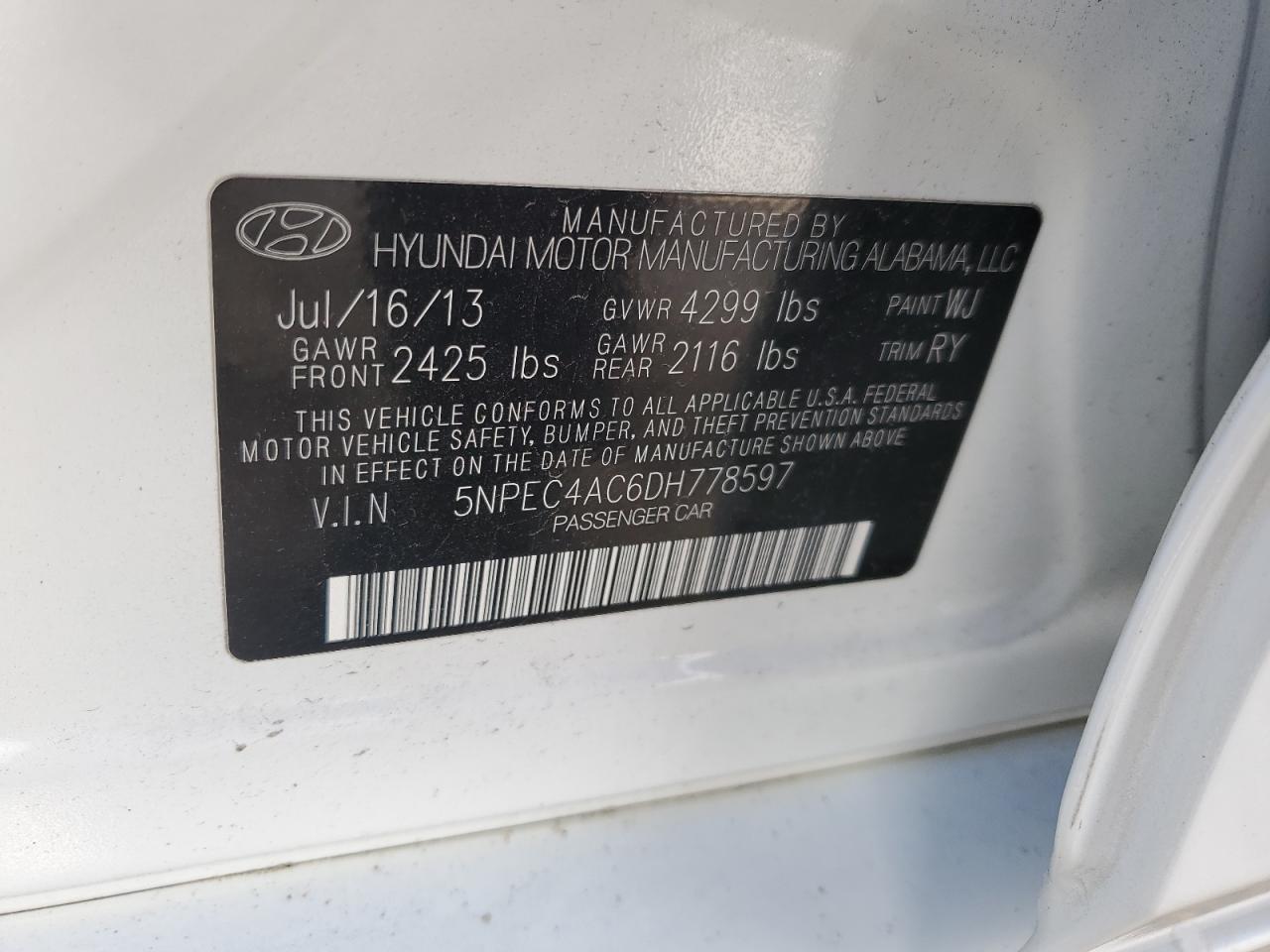 2013 Hyundai Sonata Se VIN: 5NPEC4AC6DH778597 Lot: 63505224