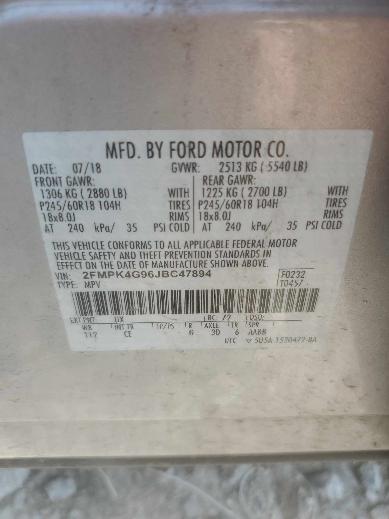 2FMPK4G96JBC47894 2018 Ford Edge Se
