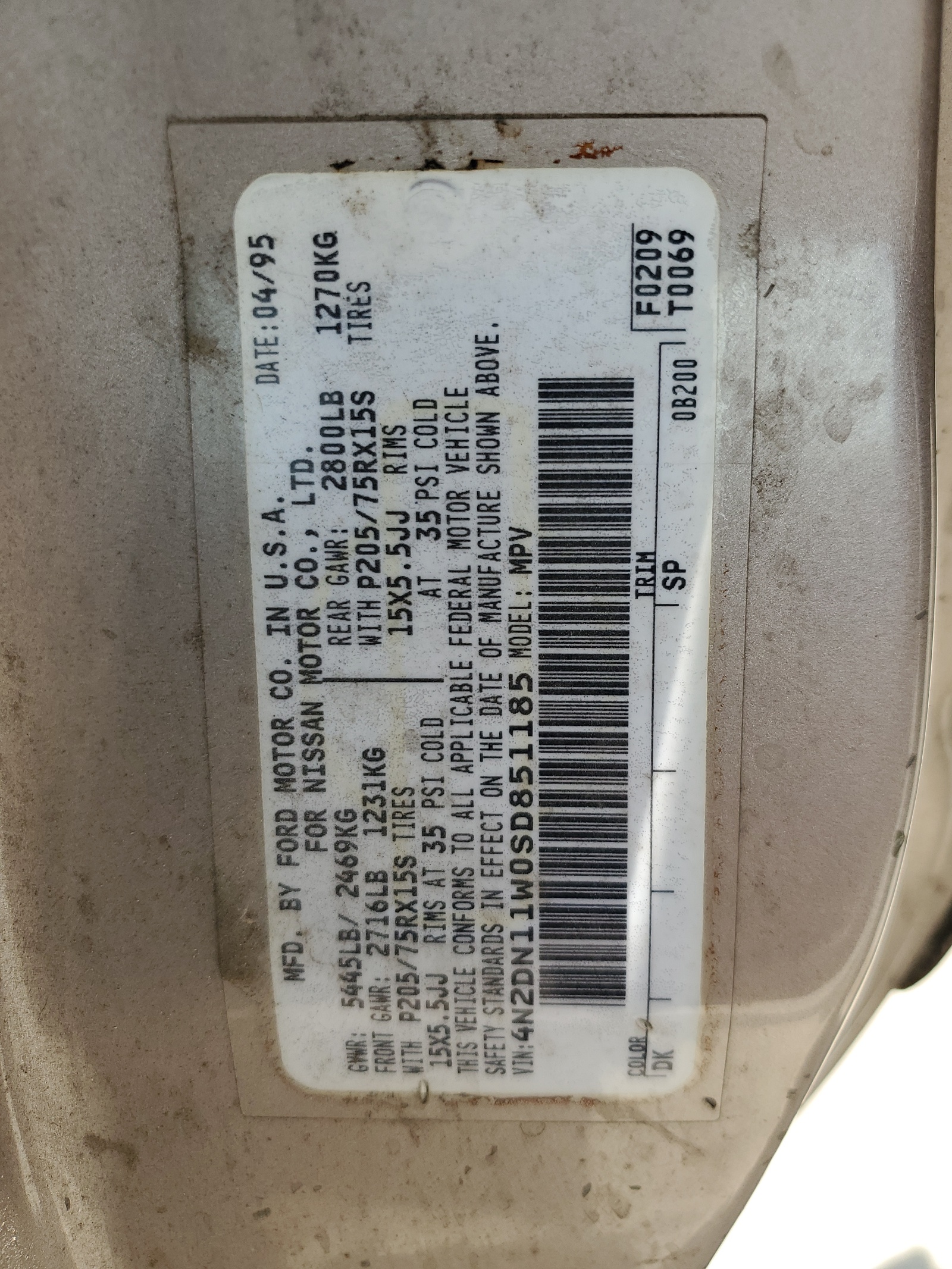 4N2DN11W0SD851185 1995 Nissan Quest Xe