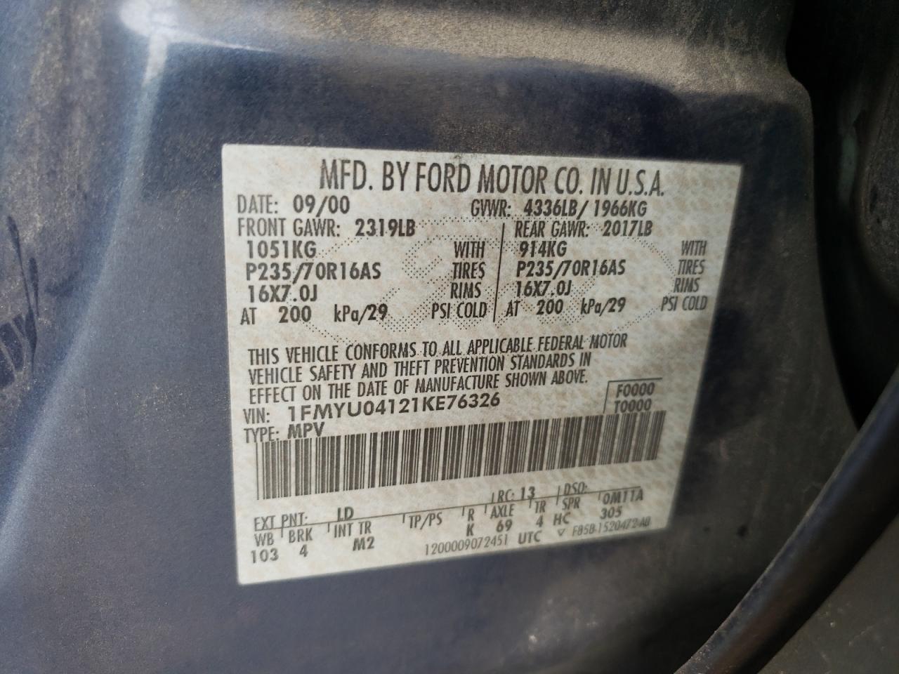 2001 Ford Escape Xlt VIN: 1FMYU04121KE76326 Lot: 65067414