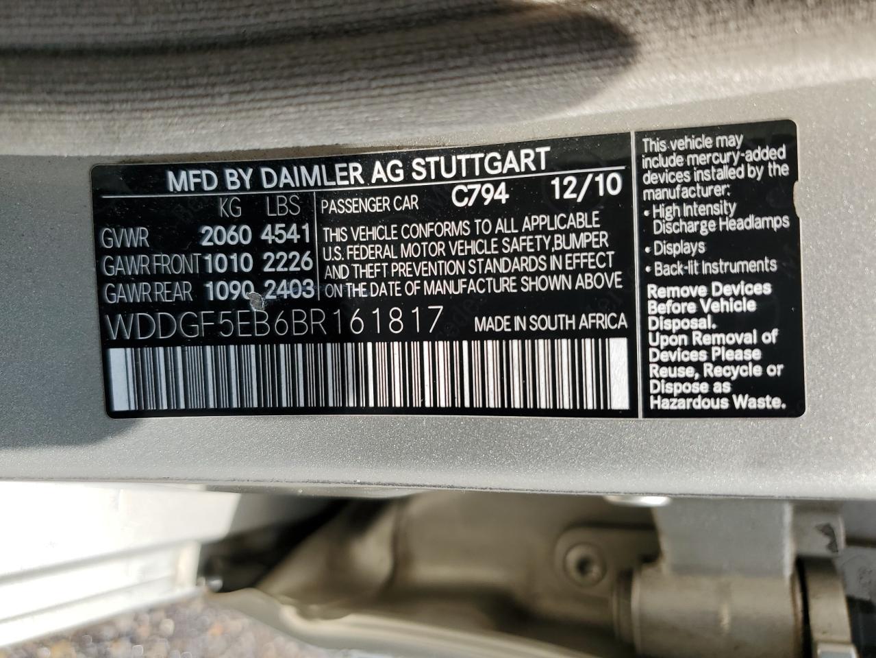 2011 Mercedes-Benz C 300 VIN: WDDGF5EB6BR161817 Lot: 65610114