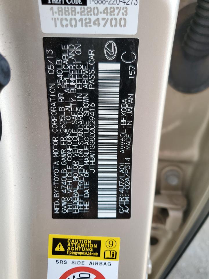 2013 Lexus Es 300H VIN: JTHBW1GG8D2029416 Lot: 65487544