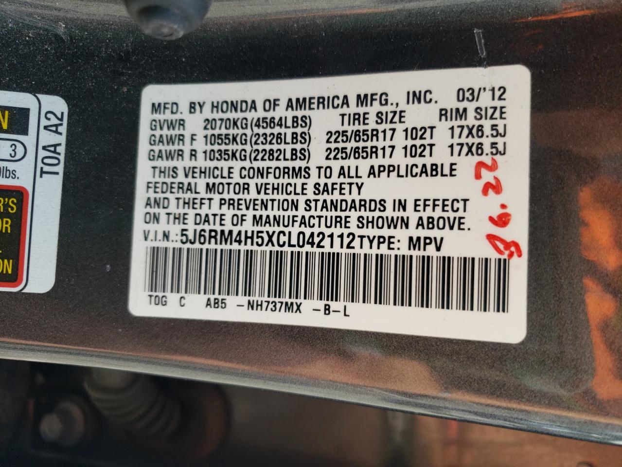 2012 Honda Cr-V Ex VIN: 5J6RM4H5XCL042112 Lot: 63168984