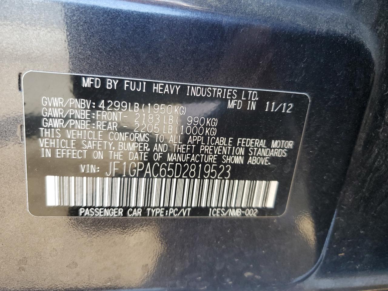 2013 Subaru Impreza Premium VIN: JF1GPAC65D2819523 Lot: 62146584