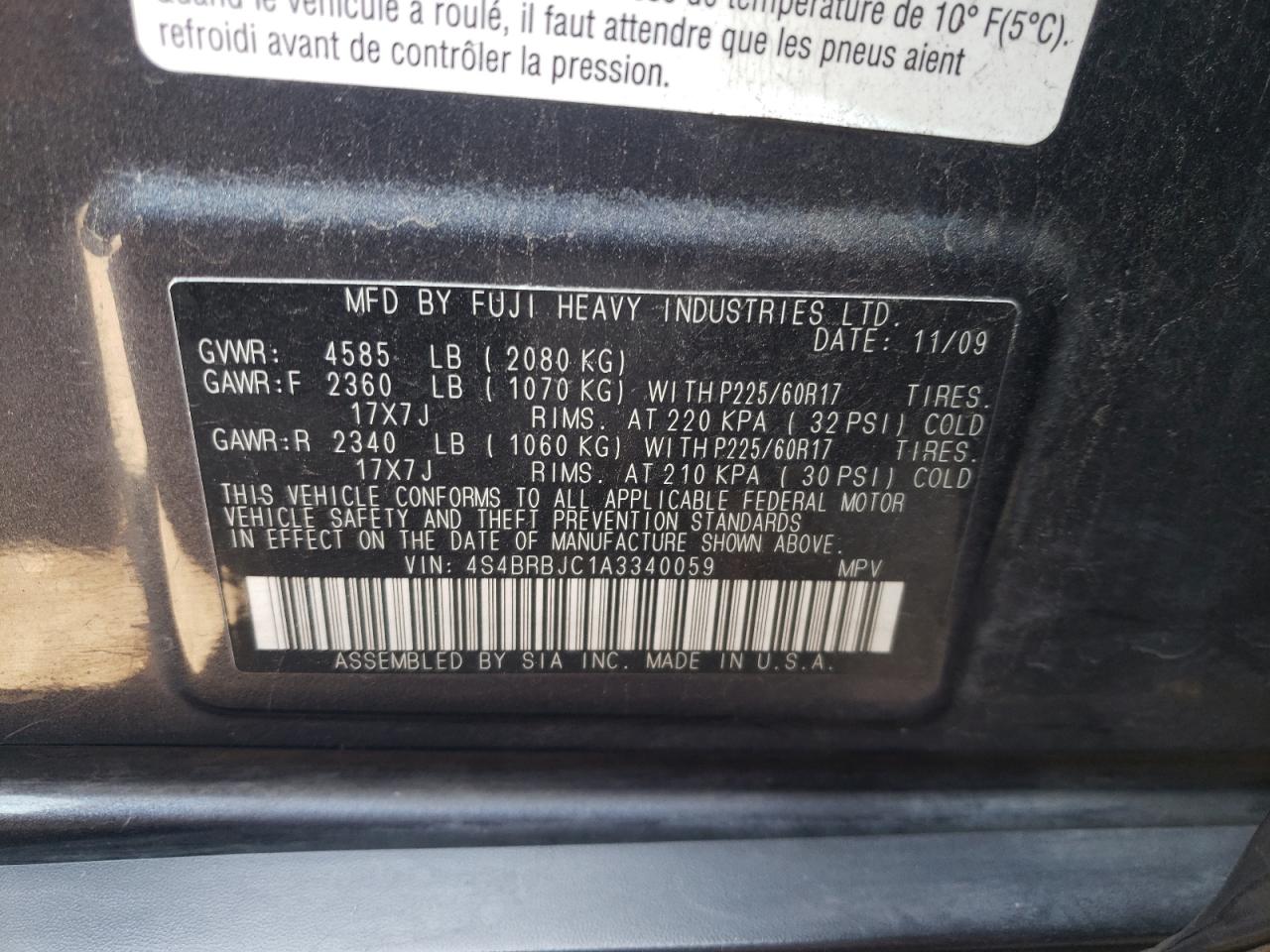 2010 Subaru Outback 2.5I Limited VIN: 4S4BRBJC1A3340059 Lot: 62320484