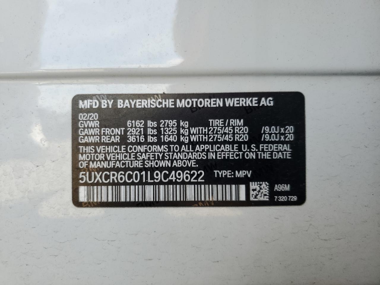 2020 BMW X5 xDrive40I VIN: 5UXCR6C01L9C49622 Lot: 61704304