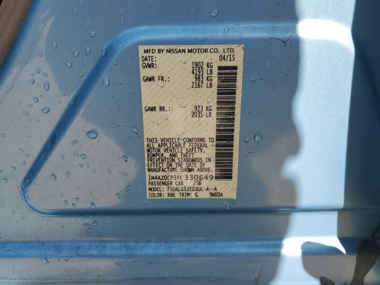 2015 Nissan Leaf S VIN: 1N4AZ0CP3FC330649 Lot: 65036804