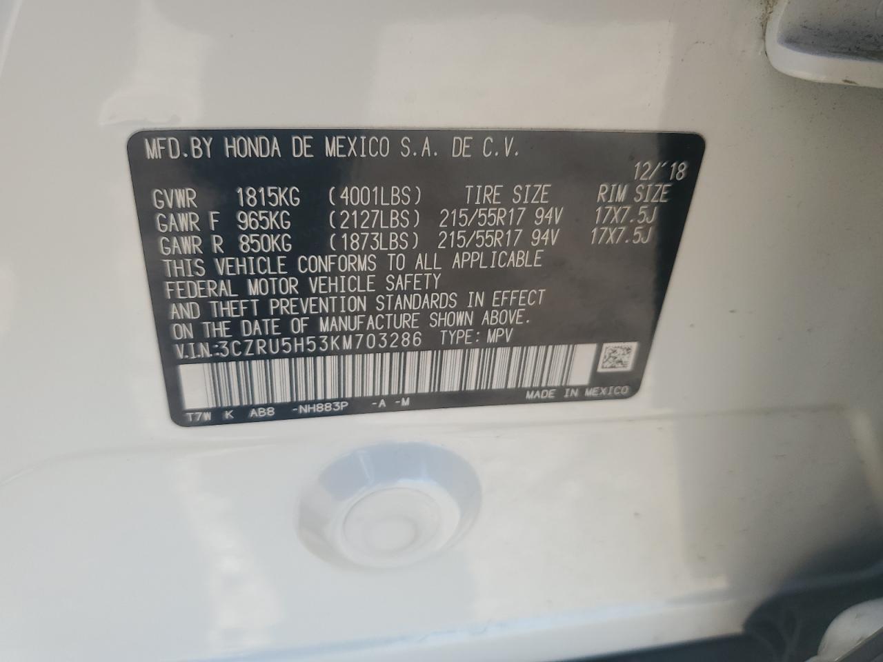 2019 Honda Hr-V Ex VIN: 3CZRU5H53KM703286 Lot: 61534434