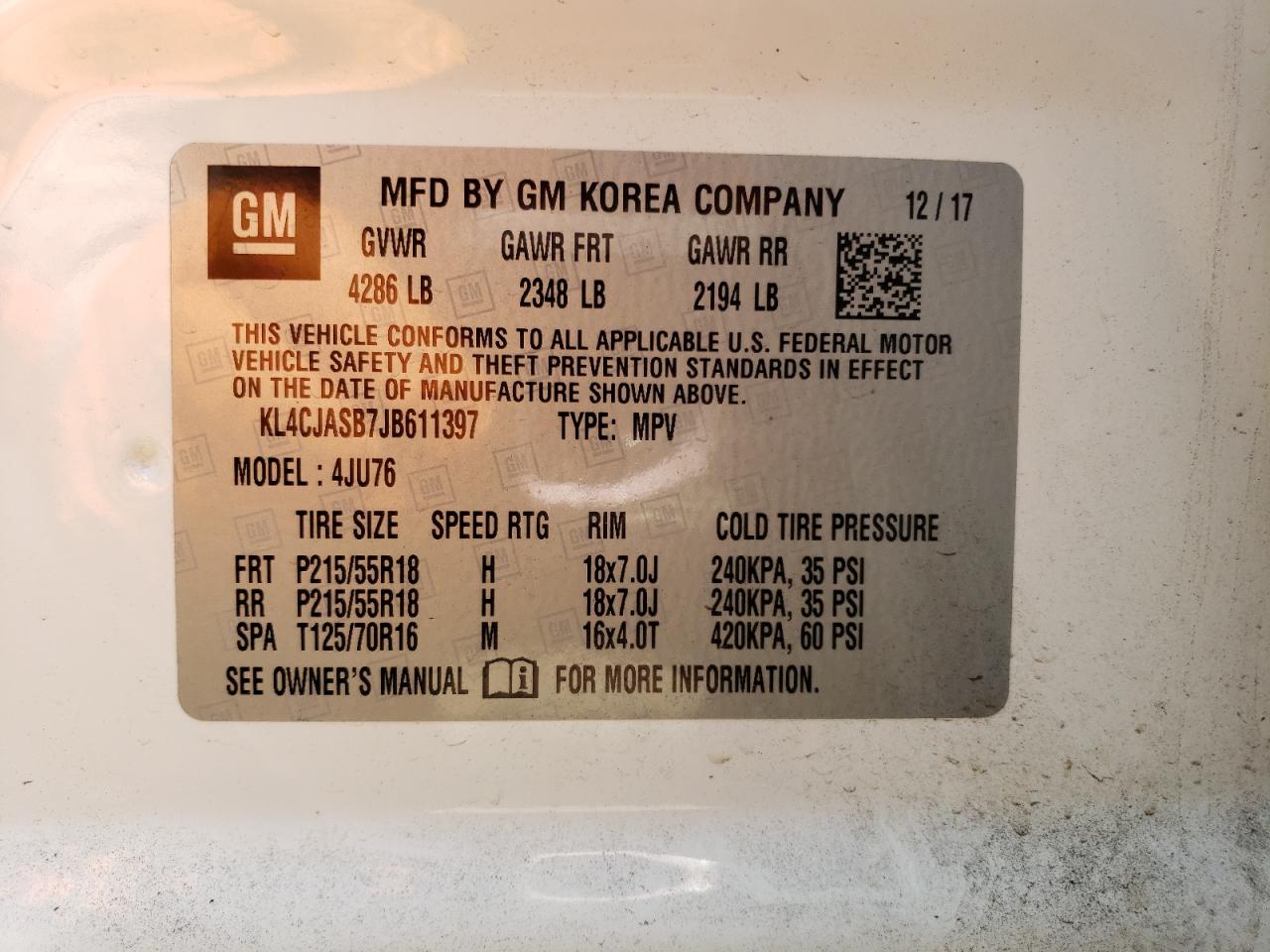 2018 Buick Encore Preferred VIN: KL4CJASB7JB611397 Lot: 62557684