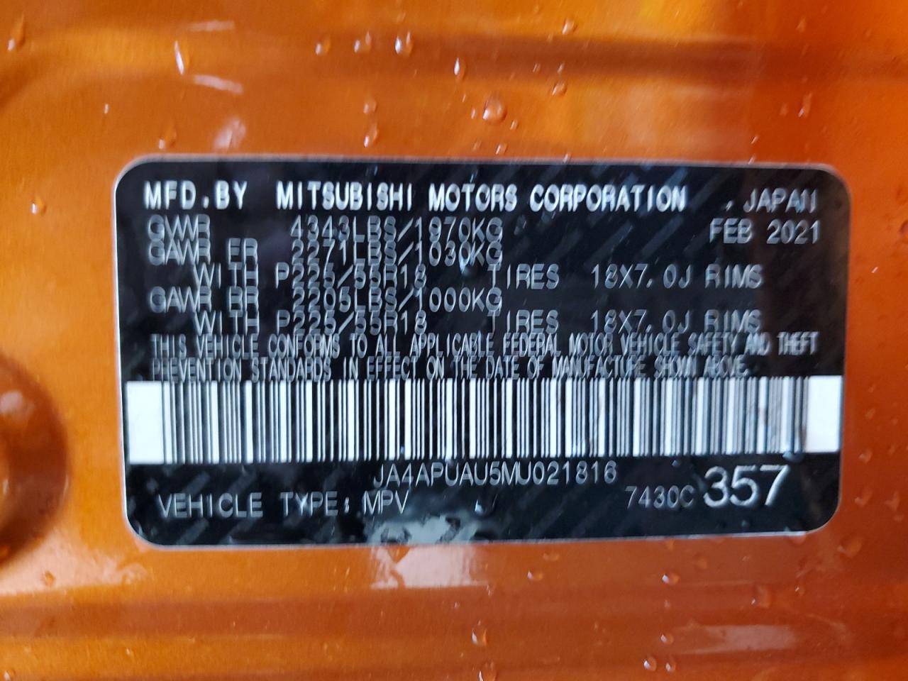 2021 Mitsubishi Outlander Sport Es VIN: JA4APUAU5MU021816 Lot: 64636024