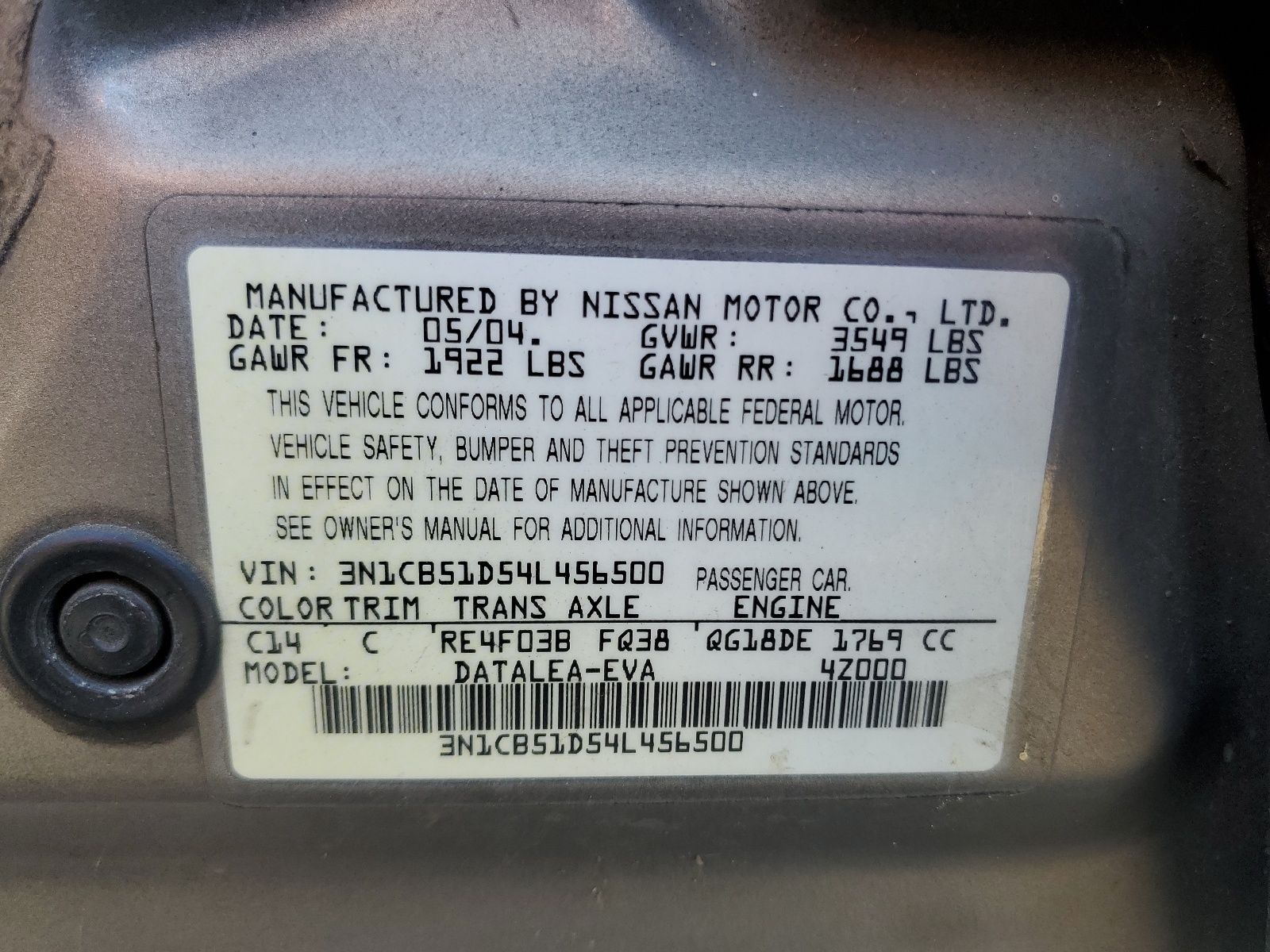 3N1CB51D54L456500 2004 Nissan Sentra 1.8