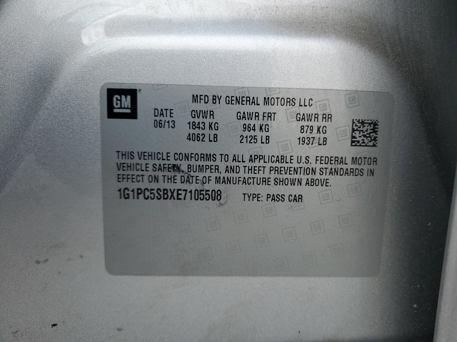 1G1PC5SBXE7105508 2014 Chevrolet Cruze Lt