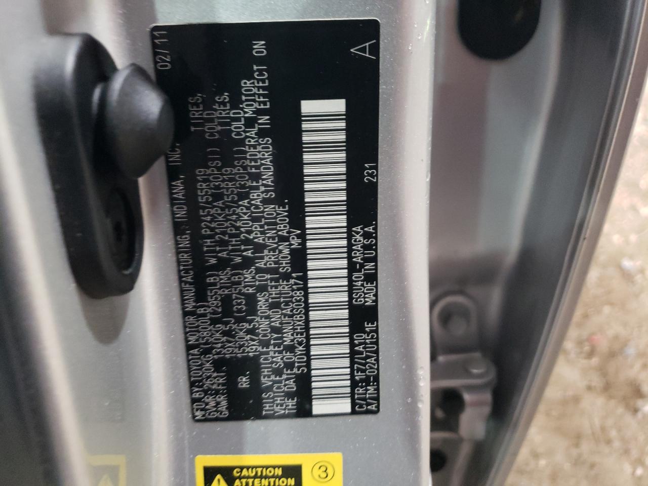 2011 Toyota Highlander Limited VIN: 5TDYK3EHXBS038171 Lot: 63246624