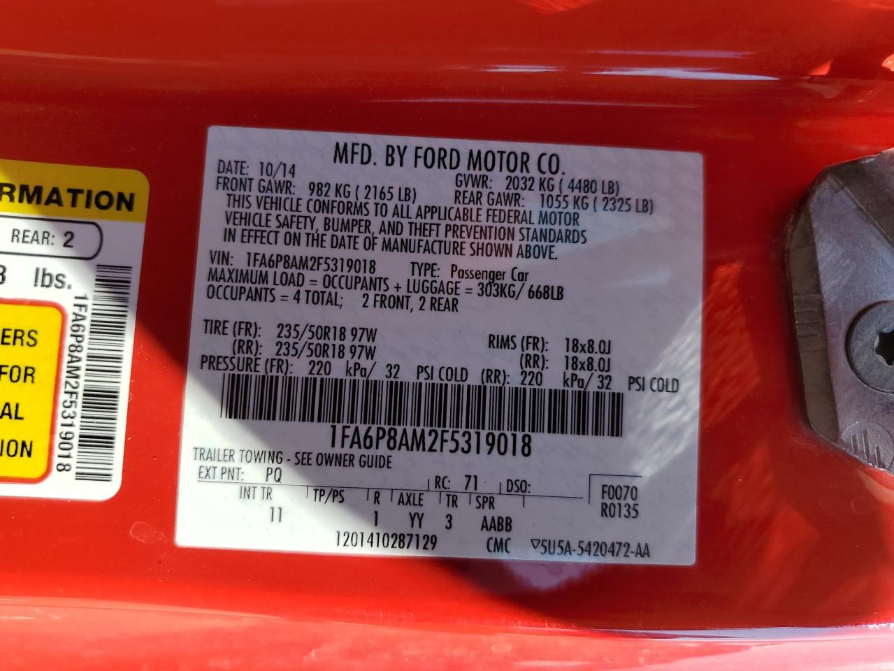 2015 Ford Mustang VIN: 1FA6P8AM2F5319018 Lot: 62313224