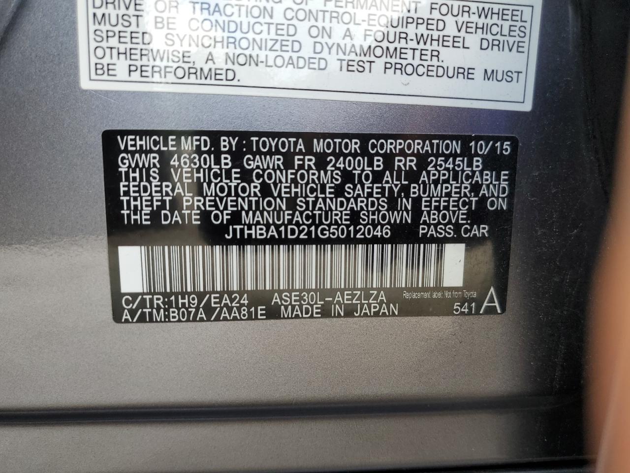 2016 Lexus Is 200T VIN: JTHBA1D21G5012046 Lot: 62978484