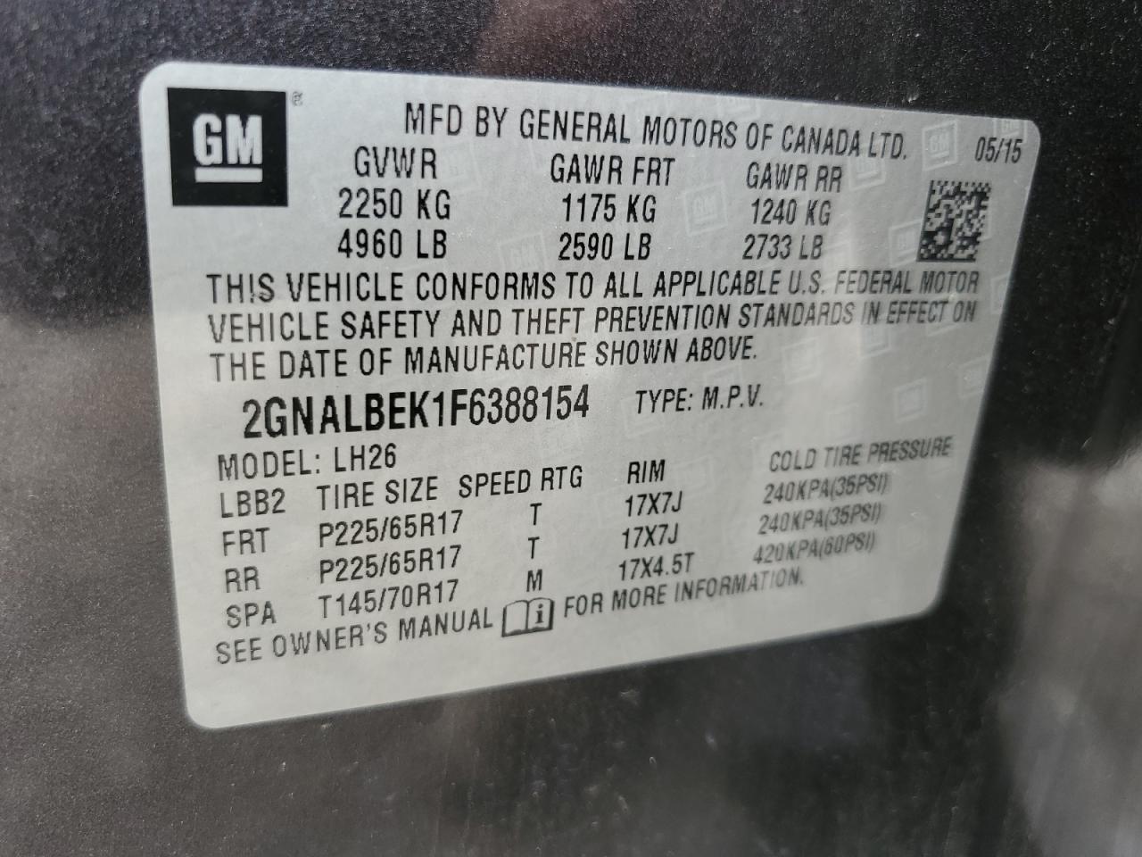 2GNALBEK1F6388154 2015 Chevrolet Equinox Lt