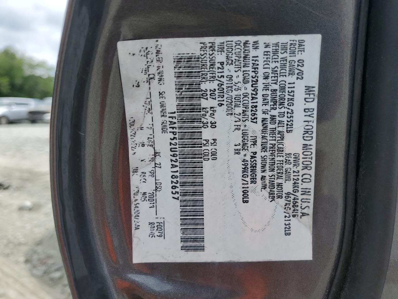 2002 Ford Taurus Lx VIN: 1FAFP52U92A182657 Lot: 63983134