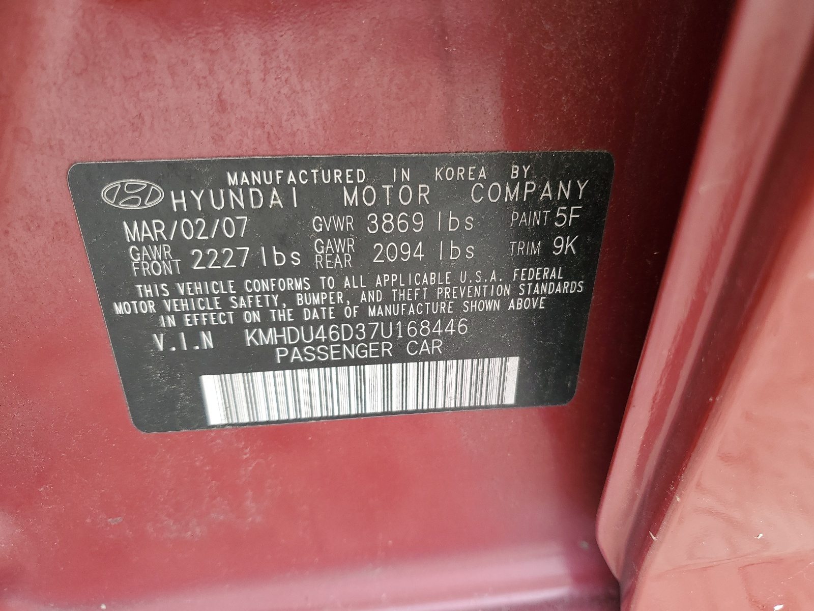 KMHDU46D37U168446 2007 Hyundai Elantra Gls
