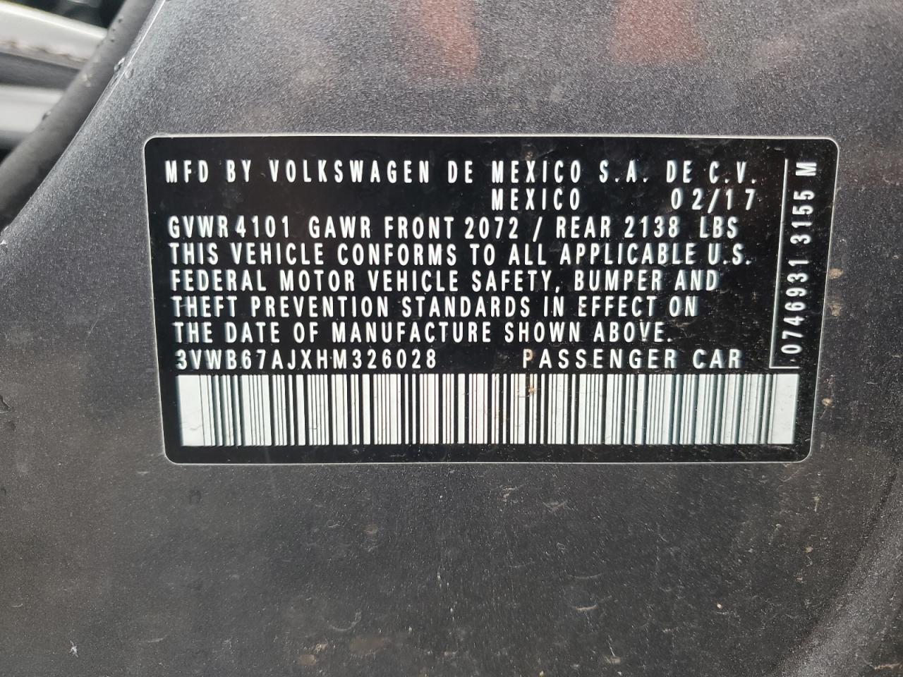 2017 Volkswagen Jetta Se VIN: 3VWB67AJXHM326028 Lot: 59909354