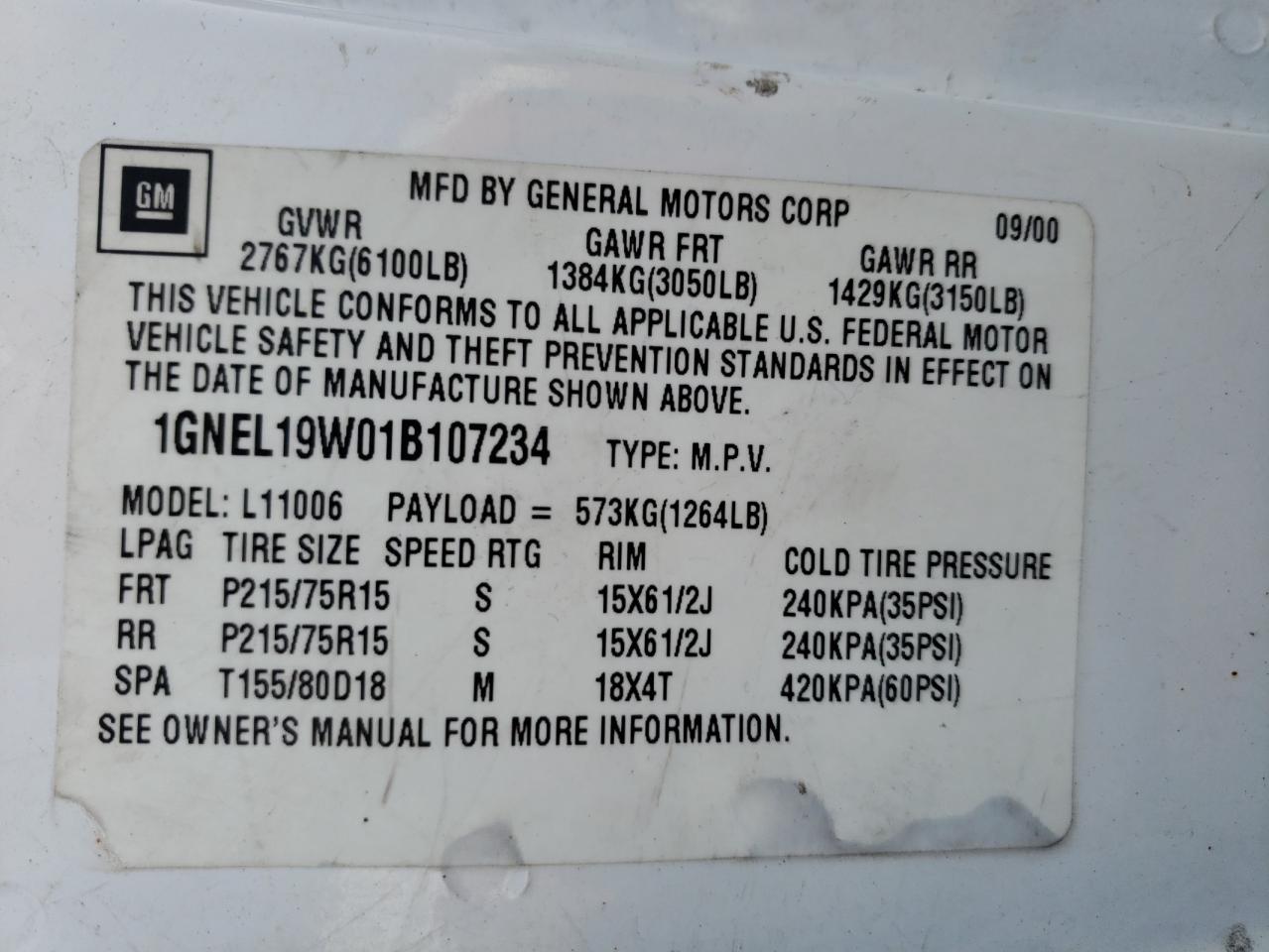 1GNEL19W01B107234 2001 Chevrolet Astro