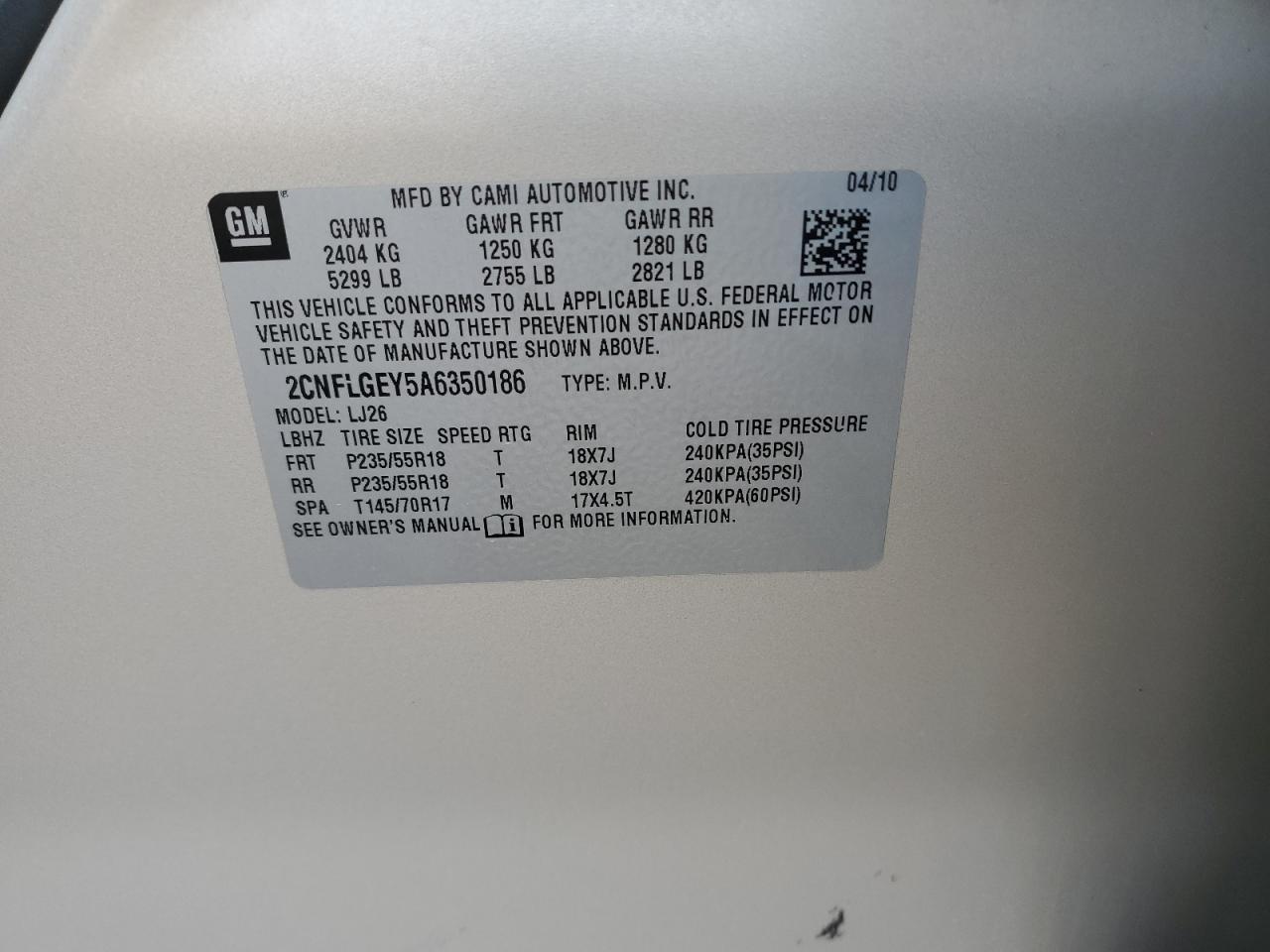 2010 Chevrolet Equinox Ltz VIN: 2CNFLGEY5A6350186 Lot: 63048964