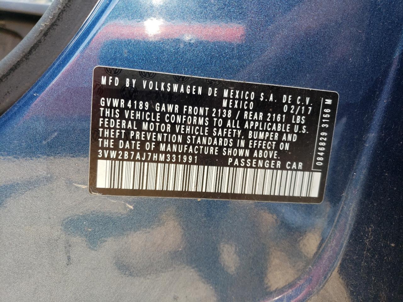 2017 Volkswagen Jetta S VIN: 3VW2B7AJ7HM331991 Lot: 62911004