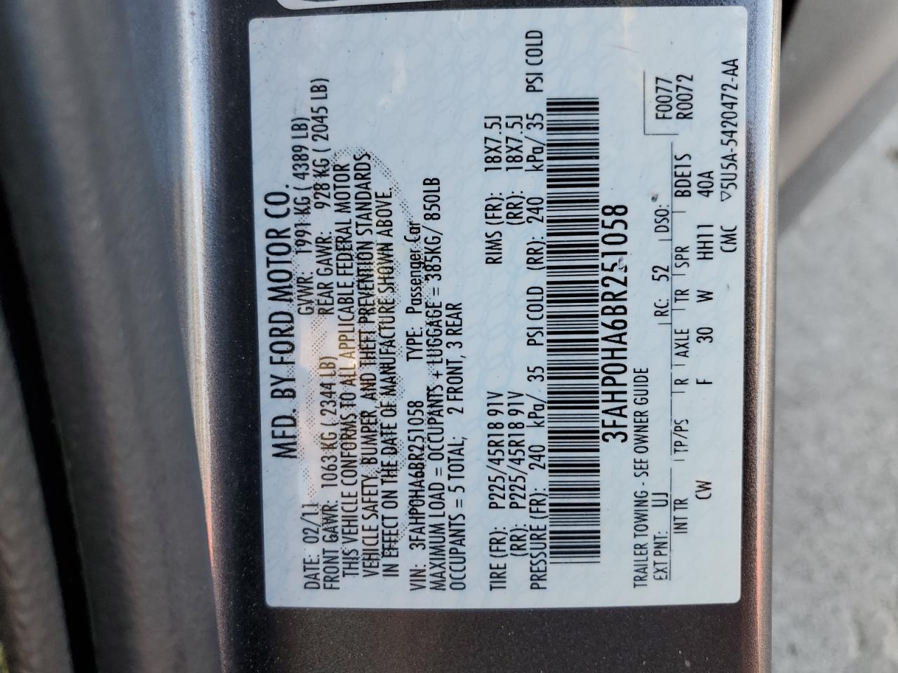 2011 Ford Fusion Se VIN: 3FAHP0HA6BR251058 Lot: 65289164