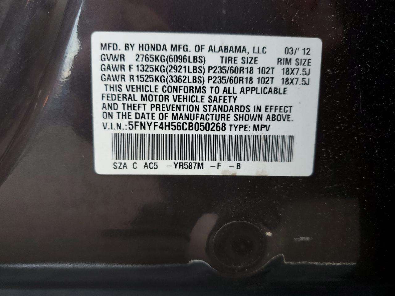 2012 Honda Pilot Exl VIN: 5FNYF4H56CB050268 Lot: 62872454