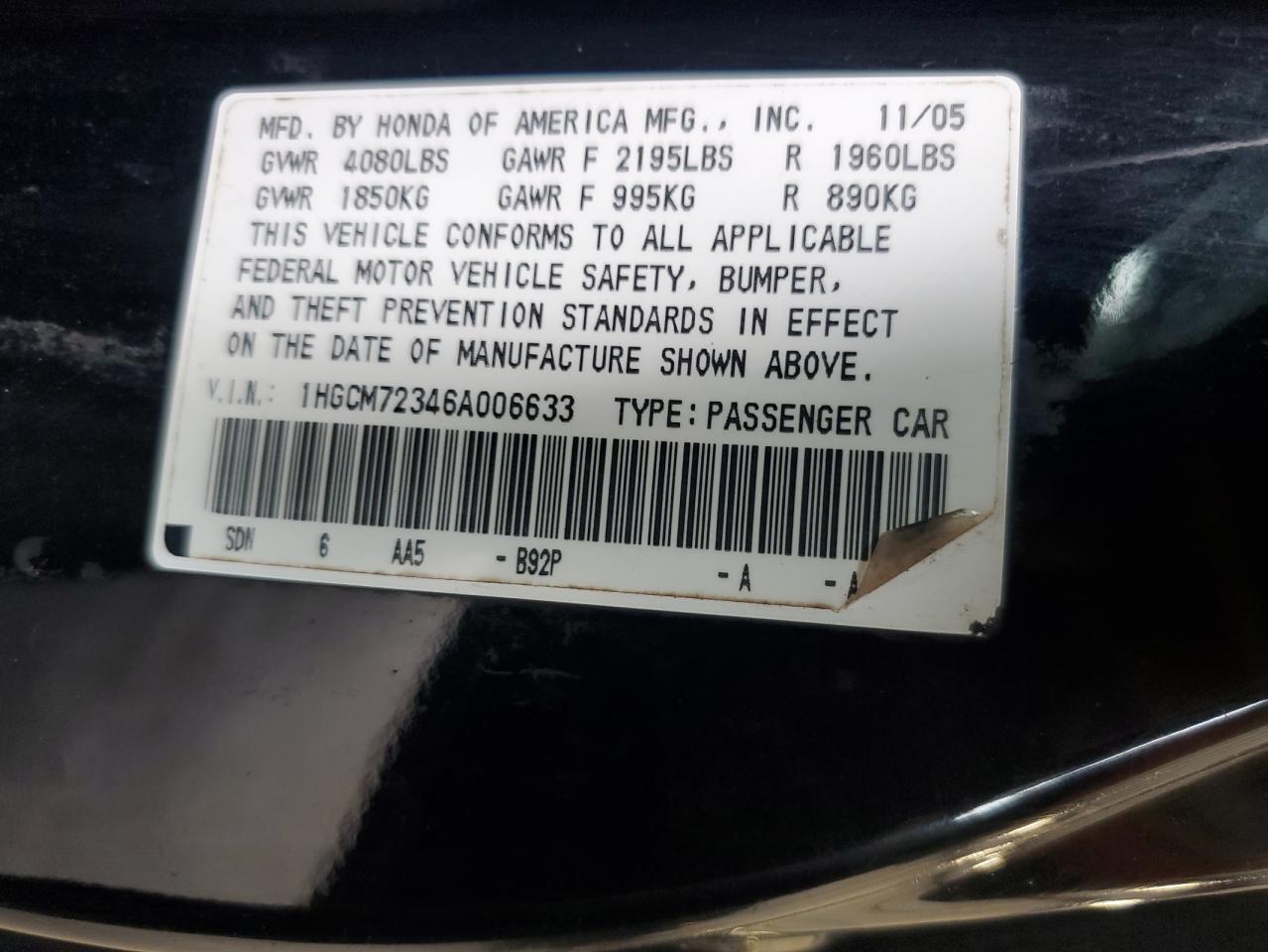 1HGCM72346A006633 2006 Honda Accord Lx