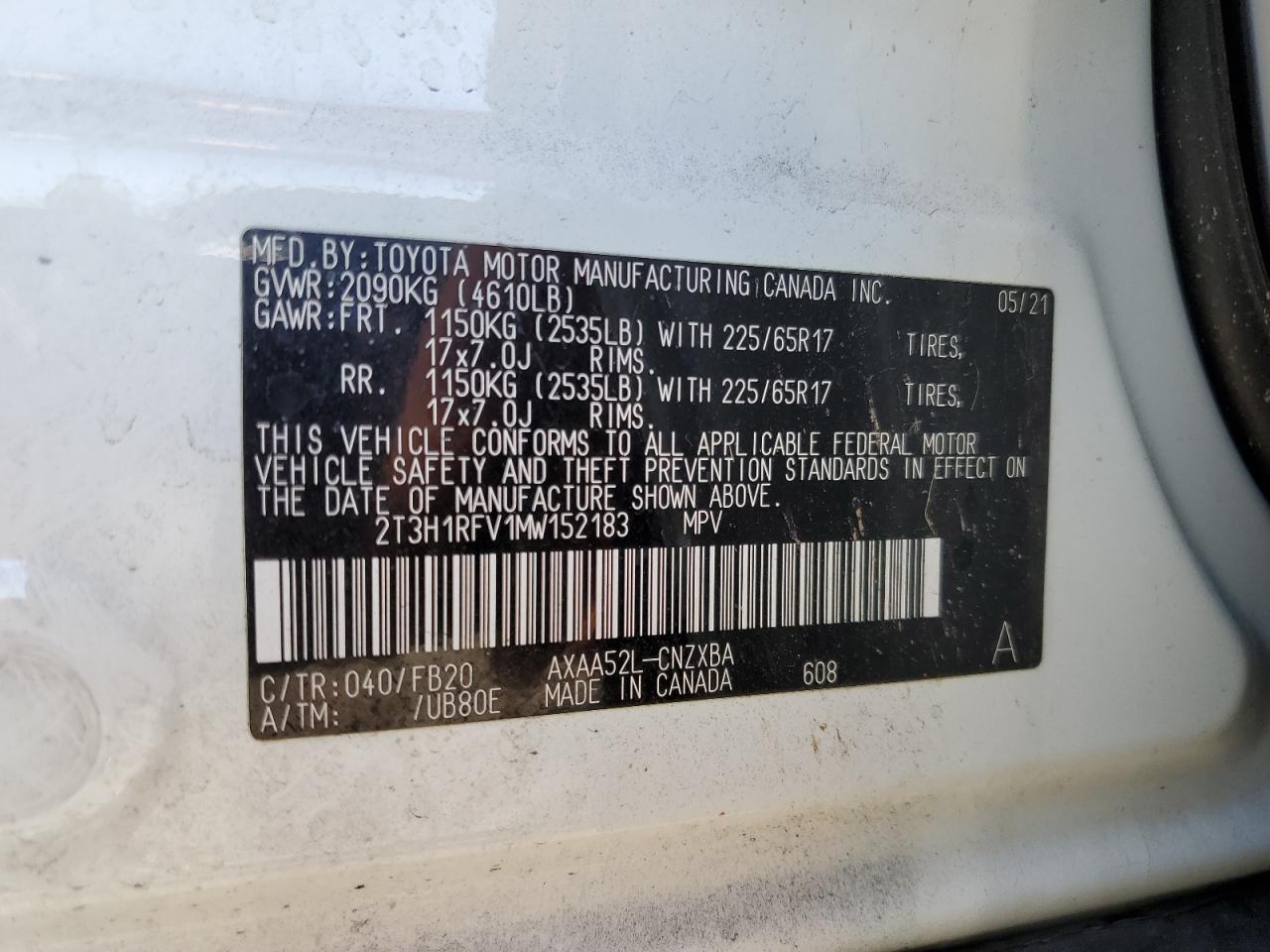 2T3H1RFV1MW152183 2021 Toyota Rav4 Le