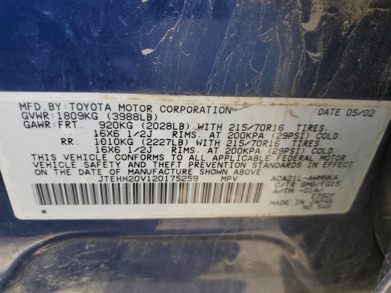 2002 Toyota Rav4 VIN: JTEHH20V120175259 Lot: 64453494