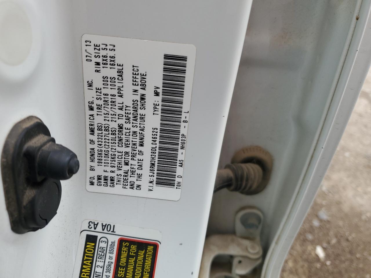 2013 Honda Cr-V Lx VIN: 5J6RM3H38DL046525 Lot: 62820774