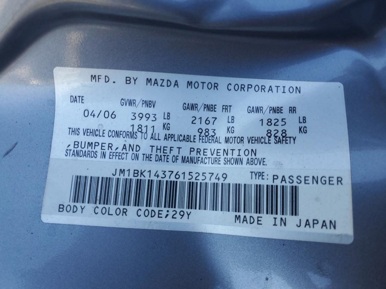 2006 Mazda 3 Hatchback VIN: JM1BK143761525749 Lot: 62858524