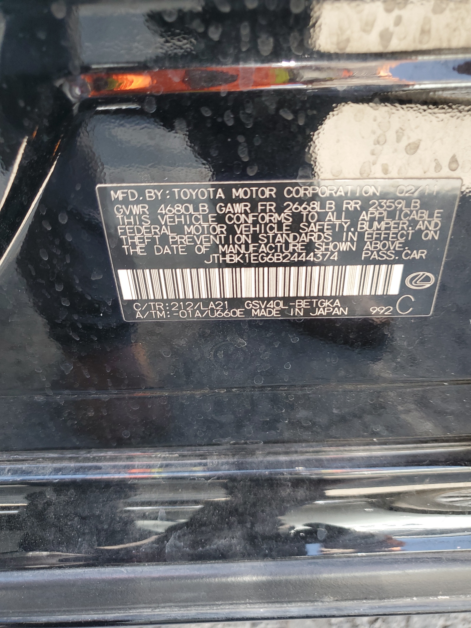 JTHBK1EG6B2444374 2011 Lexus Es 350