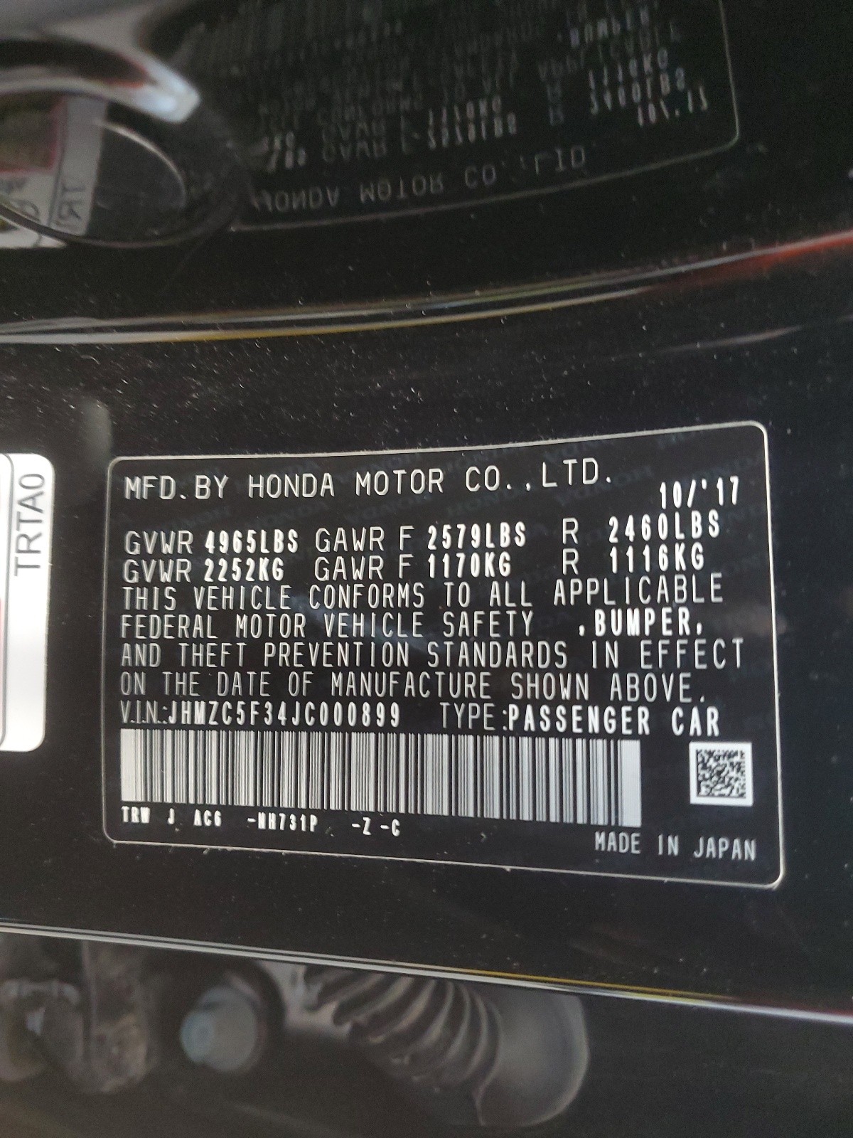 JHMZC5F34JC000899 2018 Honda Clarity Touring