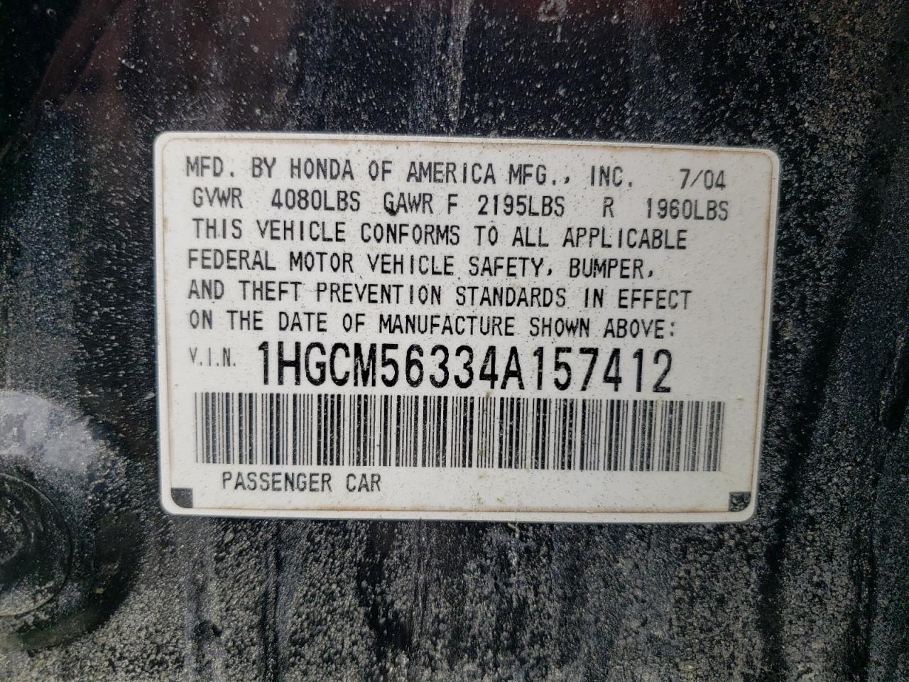 2004 Honda Accord Lx VIN: 1HGCM56334A157412 Lot: 64160304