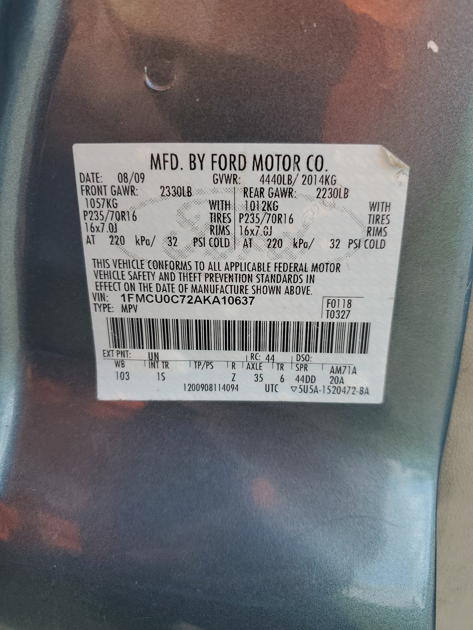 1FMCU0C72AKA10637 2010 Ford Escape Xls