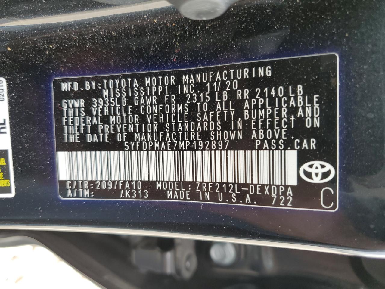 2021 Toyota Corolla L VIN: 5YFDPMAE7MP192897 Lot: 62099484